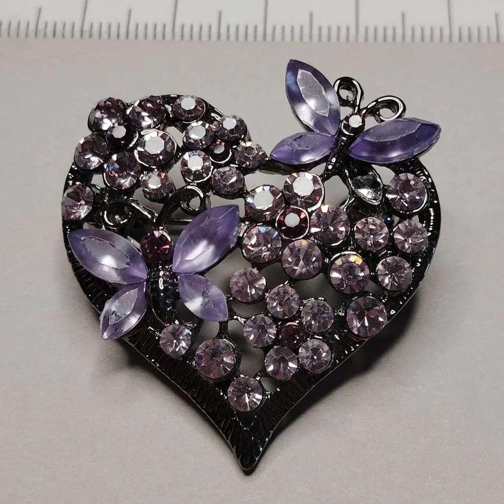 Heart Brooch Gunmetal Tone Purple Crystal Rhinestone Butterfly Floral 1.5 Inch